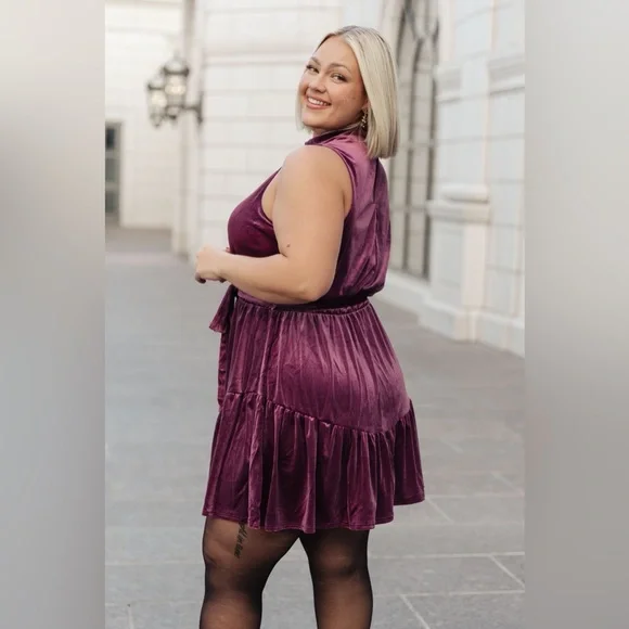 Velvet Mock Neck Tie Waist Dress | Plum Holiday Party Mini Dress - Picture 3 of 7